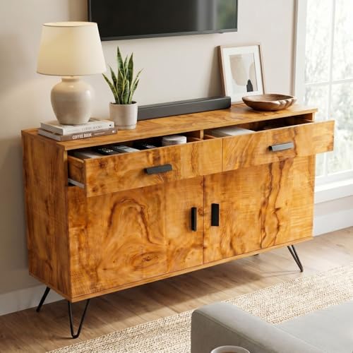 Image of FFO Wooden Sideboard Cabinet for Living Room | Wooden Living Room Storage Cabinet with Drawers, Side Cabinet for Bedroom, Modern Wood Finish, 2 Door Cupboard with Metal Legs Coach Wood DIY.