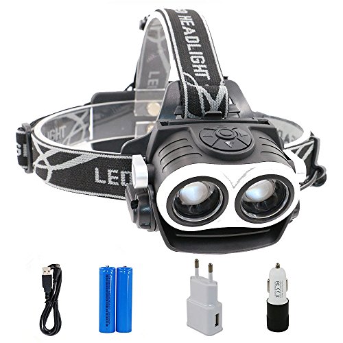 Boruit Linterna Frontal Lámpara de Cabeza 4000 Lúmenes 2*T6 LED Impermeable y Ajustable Ultraligero para Montar Bici, Pescar, etc, Color Negro