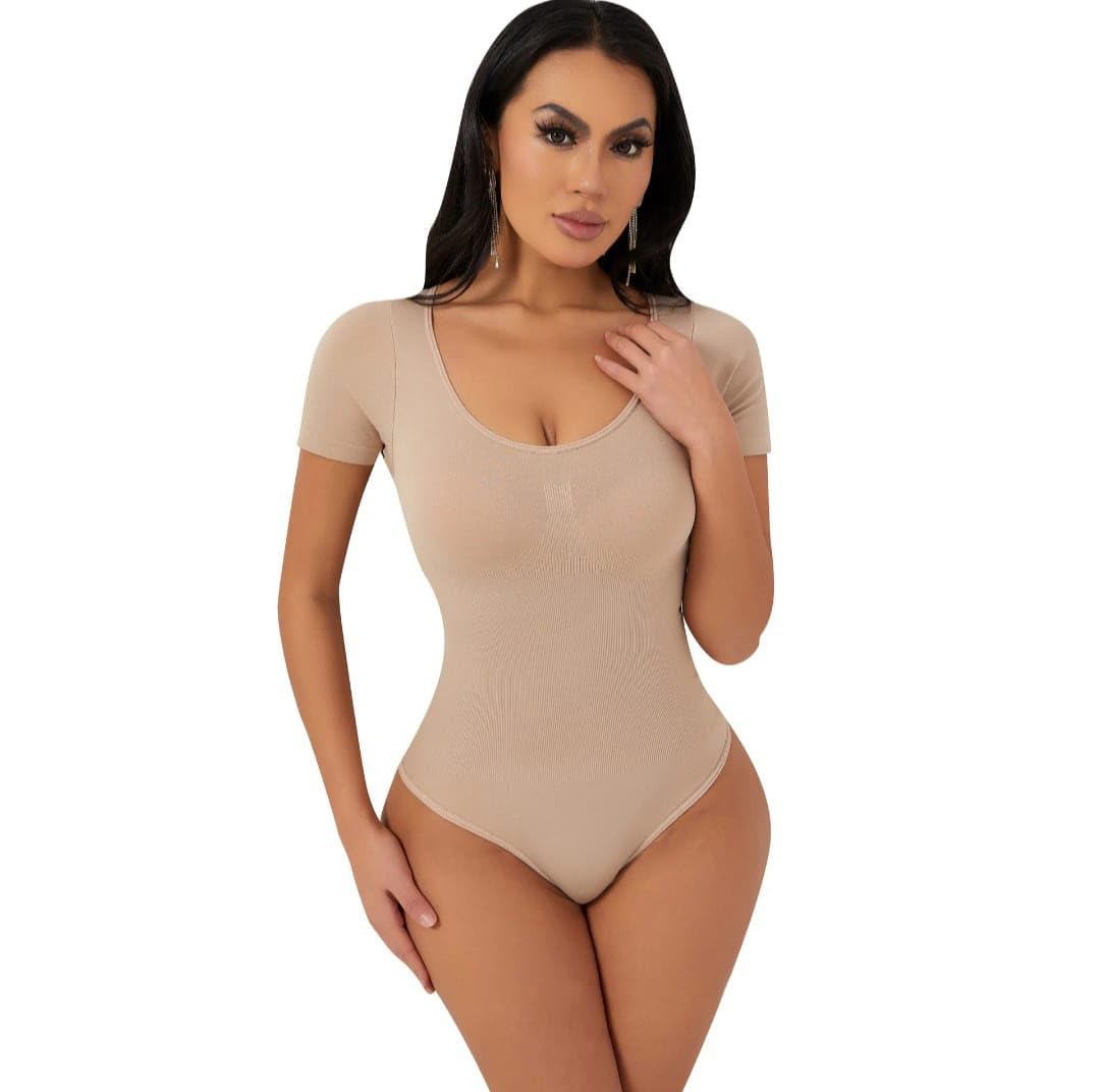 Short Sleeve Bodysuit for Women Tummy Control Scoop Neck Seamless Shapewear Slimming Bodysuit-image-8