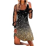 Elegante Kleider Damen Frühling und Sommer Cocktailkleid Rundhals Freizeitkleid Lange Ärmel Mesh Partykleid A-Linie MiniKleid Leicht Luftig Große Größen Blumen Kleider Vintage Damen Kleide