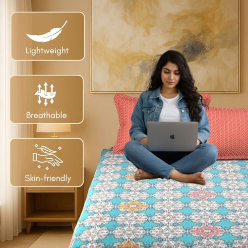 Image of Mafatlal Luxe Lilac 140 GSM Elegant Bedsheet with 2 Pillow Cover for Double Bed and Queen Size, 90x100 Inch - Blue & Red, Premium Microfiber, Soft & Lightweight