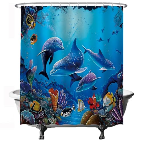 Ulticool Rideau de Douche - Nature Dauphin Mer Poissons d'Aquarium Corail - 180 x 200 cm - Anti Moisissure - avec 12 Anneaux - Bleu