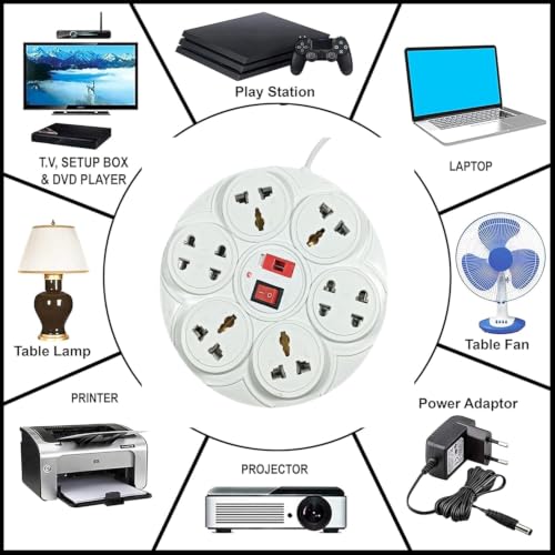 Image of 8+1 Round Strip Extension Cord 6A 8 Universal Socket Multi Plug Point Extension Board with LED Indicator and Switch (Cable Length: 2.0 Meter, 240Volt)