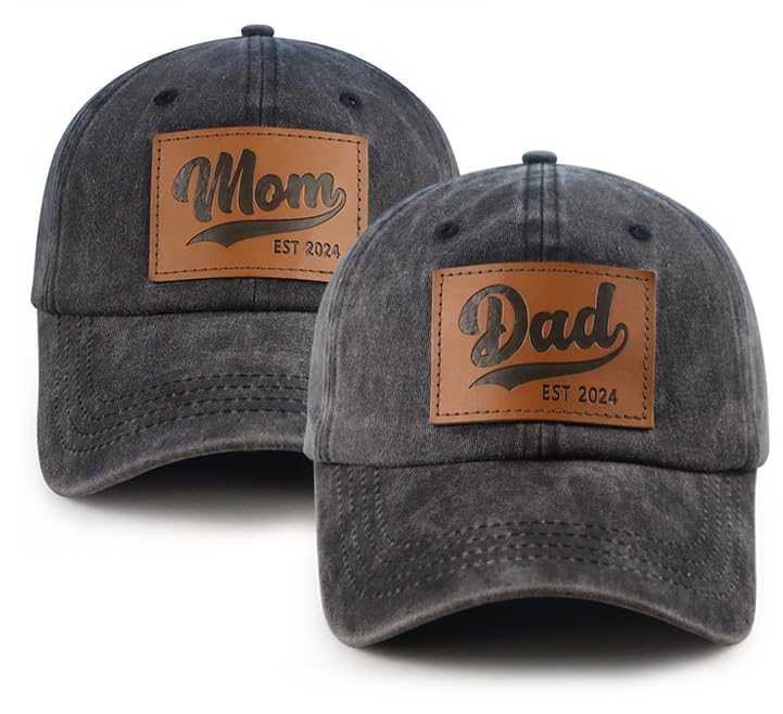 2PCS Mom and Dad EST 2024 Hat, 3D Embroidered Adjustable Cotton New Parents Gifts Baseball Cap