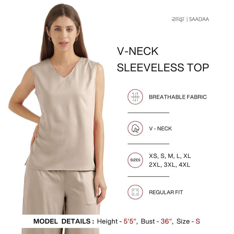 Image of SAADAA V-Neck Tops for Women| Viscose Fabric | Sleeveless Design | Relaxed Fit for Everyday Comfort | Office & Casual Wear