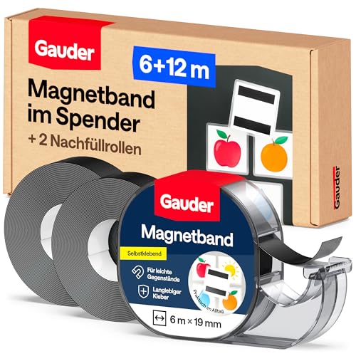 GAUDER Magnetband im Spender - Selbstklebender Magnetstreifen - Zuschneidbare Magnetbandrolle zum Befestigen von leichten Gegenständen auf Metallflächen (6 m x 19 mm + 2 Nachfüllrollen)