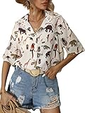 SOLY HUX Women's Figure Print Button Down Shirt Graphic Pattern Short Sleeve Casual Blouses Beige Animal Large