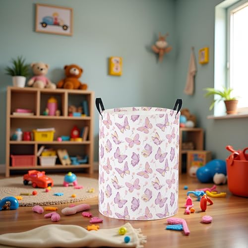 Image of Baby Laundry Basket Baby Nursery Hamper Kids Laundry Basket Toy Storage Bin for Boys Room Decor Gift Baskets for Bedroom Bathroom(Purple Butterfly)