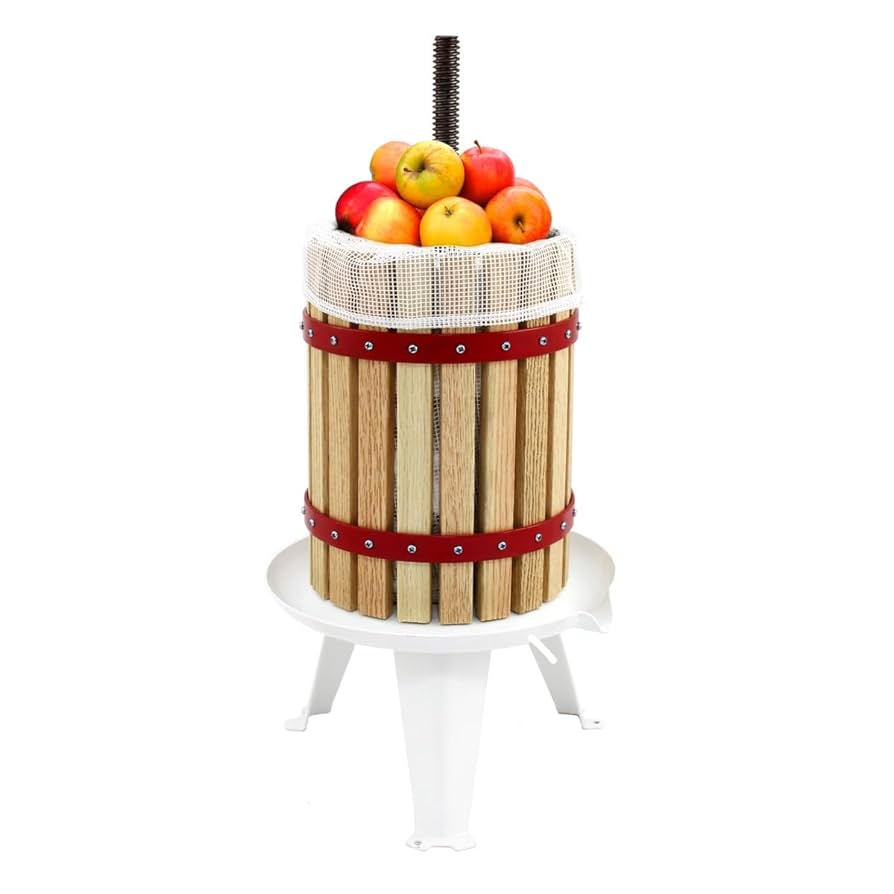 Fruit Crusher 7 Litre & Fruit Press 18 Litre Solid Oak & Steel Construction Traditional Manual Spindle Operation Heavy Duty Includes 3 FREE Straining Bags Juice Cider Home And Commercial Use