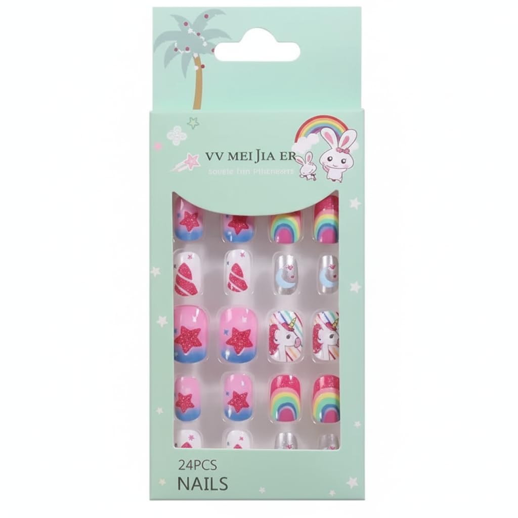 KRIVTEJ 24 Pcs kids girlsFake Nails,Press on Nails for kids girls Pre-glue Full Cover Short False Nails Children Nails Lovely Gift for kids girls (Refreshing and Cute) Multicolor-image-35