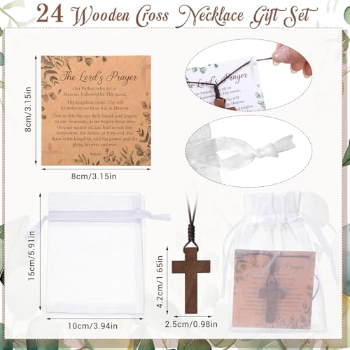 24 Set Wooden Cross Necklace Bulk Christian Gifts with 24 Prayer Necklace Cards 24 Organza Bags Wood Cross Pendant Necklace for Easter Party Men Women Prayer Spiritual Religious Jewelry2