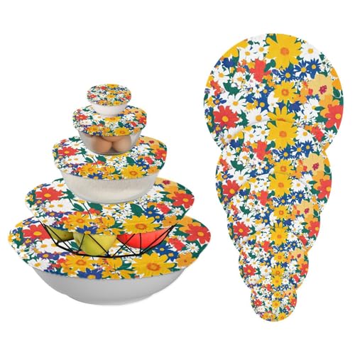 5 fundas elásticas reutilizables y elásticas en 5 tamaños para tazones, tapas de masa madre para hacer pan, frutas y sobras (flores de primavera de belleza, coloridas y vívidas)