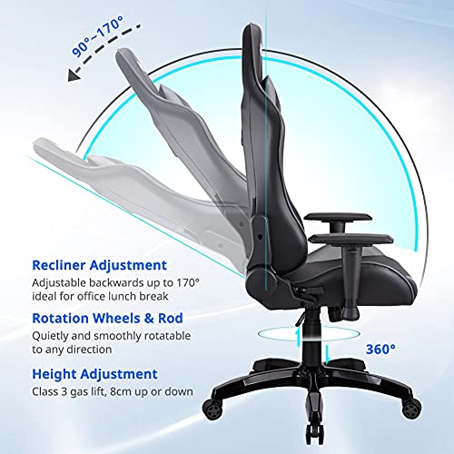 ZENEZ-Silla-Gaming-Silla-Gamer-Ergonomica-con-Soporte-de-Masaje-Lumbar-y-Cojin-para-el-Cuello-Silla-Escritorio-de-Cuero-PU-Ajustable-a-180para-Videojuegos-Gris