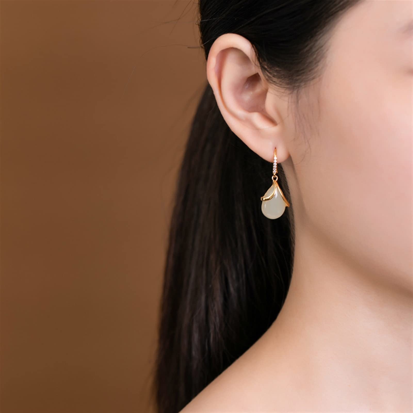 Pendientes de plata S925 chapados en oro con forma de gota de jade hetiano para mujer, joyería para novia, pendientes de plata