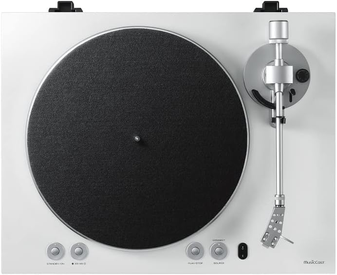 Top view of the Yamaha MusicCast Vinyl 500 turntable, highlighting the platter, tonearm, and control buttons.