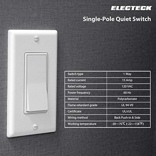 10 Pack - ELECTECK Single Pole Rocker Light Switch, 15A/120V, Wall Plate Included, UL Certified, White - Thumbnail 5