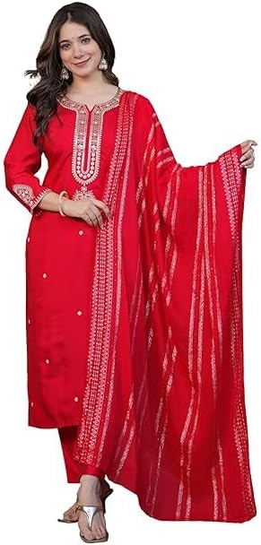 Women's Silk Blend Embroidery Salwar Suit Set Kurta with Pant & Chanderi Dupatta Set