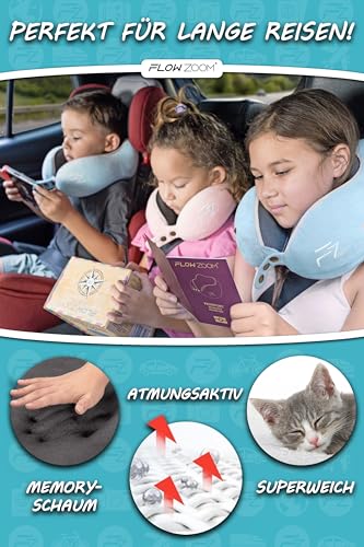FLOWZOOM Nackenkissen für Kinder ab 6 Jahre - einstellbares Memory Foam Kinder-Nackenhörnchen mit weichem, atmungsaktivem & waschbarem Bezug - inkl. Tranportbeutel - Blau, Größe M (ab 6 J.)