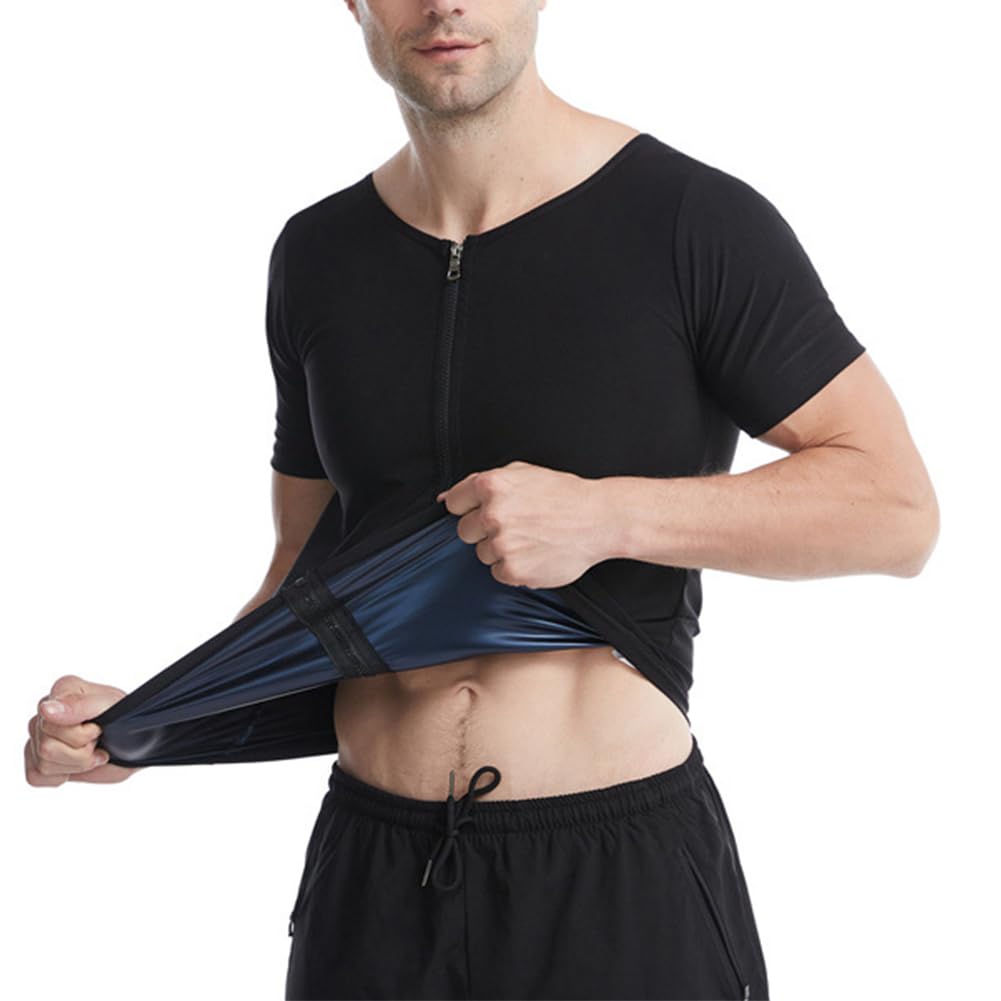 Maglia Sauna Uomo Tuta Sauna Dimagrante,Maglietta Sauna Compressione con Cerniera,Fitness T-Shirt Manica Corta Camicia Sauna Panciera Snellente Allenamento Palestra Fitness Sudorazione Body Shaper