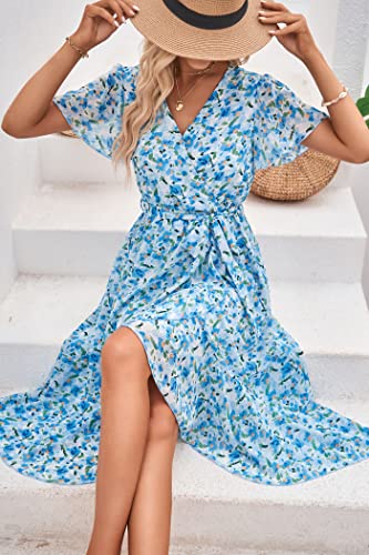 PRETTYGARDEN Women's Summer Floral Boho Maxi Dress Wrap Short Sleeve V Neck Ruffle A-Line Flowy Wedding Guest Long Dresses