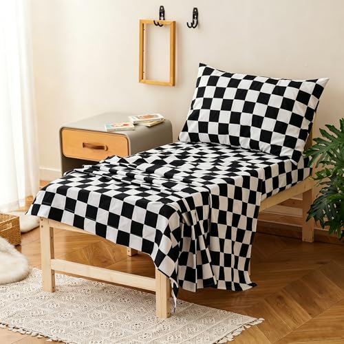 Image of Wellboo Black White Plaid Toddler Bedding Sets for Girls Boys Black and White Checkerboard Grid 4 Pieces Soft Crib Bed Set Including Comforter, Sheets and Pillowcase Kids Checkered Geometric Quilt