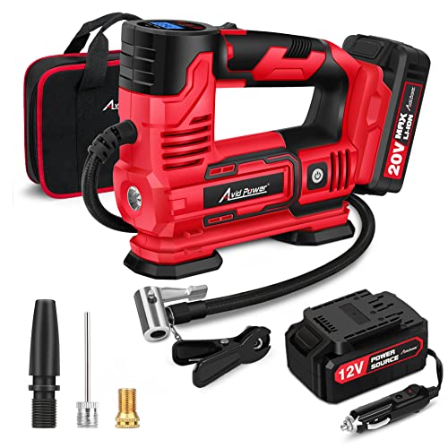 AVID POWER Tire Inflator Portable Air Compressor, 20V Cordless Car Tire Pump w/Rechargeable Li-ion Battery, 12V Car Power Adapter, Digital Pressure Gauge, 150PSI Tire Compressor for Many Inflatables