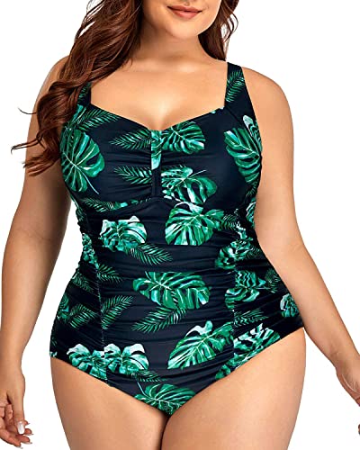 Daci Women Plus Size One Piece Swimsuits Tummy Control Vintage Ruched Bathing Suits Retro Swimwear Green Leaves 22 Plus #TOP9