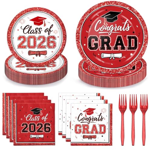 LINHAXM 2026 Graduation Plates and Napkins Red and White Graduation Decorations Class of 2026 Disposable Plates Napkins and Forks Party Supplies for Congrats Grad Party Decorations Serves 50