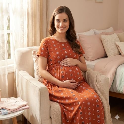 Image of Zero Clothing Feeding Dress for New Moms Casual Loungewear Ankle Length | Cotton Maternity Nighty | Zipless Feeding Dresses for Women | Pregnancy & Nursing Wear