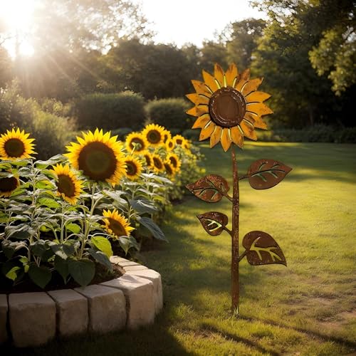 Qikam Metall Gartendekoration - Sonnenblumen Gartenstäbe Frühlingsdekoration | Deko Vintage Rostige Stäbe Für Wege Vorgarten Blumenbeet Balkon Terrasse Garten Zaunlinie Rasen Poolbereich