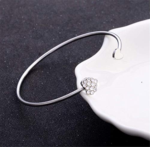 DDLBiZ  Love Heart Women Bangle Rhinestone Cuff Bangle Heart Charm Bracelet (Silver)