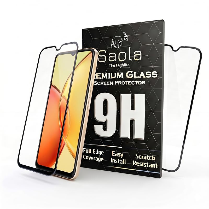Image of Saola HD Clear Tempered Glass for Vivo Y17s | High Strength 9H Protection, Smooth Touch, Full Coverage Screen Guard, 2-Step Installation Kit | Quick & Easy Application (Pack of 2)