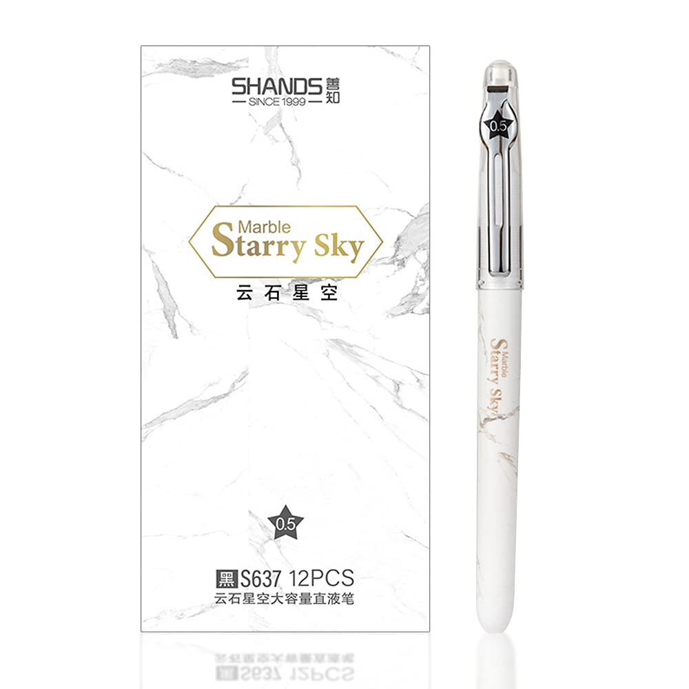 Black Ink Gel Pens, White Marble Pattern Shell Pens for Cute Marble Pens for Women Office, Shool, Exams (12 Pcs/Box; White)