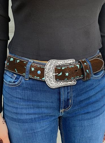 Image of Western-Leather-Belts-Women Vintage Waist-Belts with Hollow Out Flower