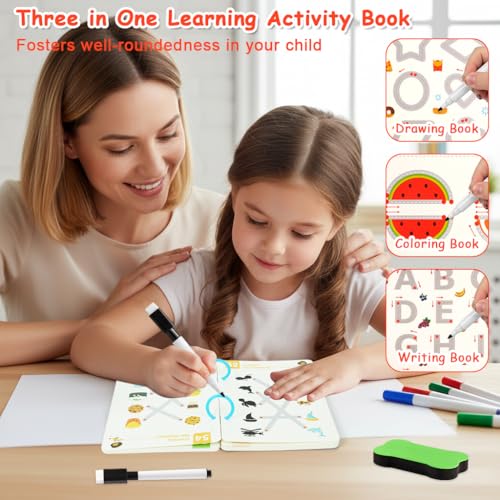 Image of PATPAT Toddler Drawing Notebook, Magic Book for Kids 2-5 Years with 96 Sheet Preschool Sank Magic Practice Copy Book for Kids with Dry Erase Pen & Sponge Erase, Practice Letters, Numbers & Lines