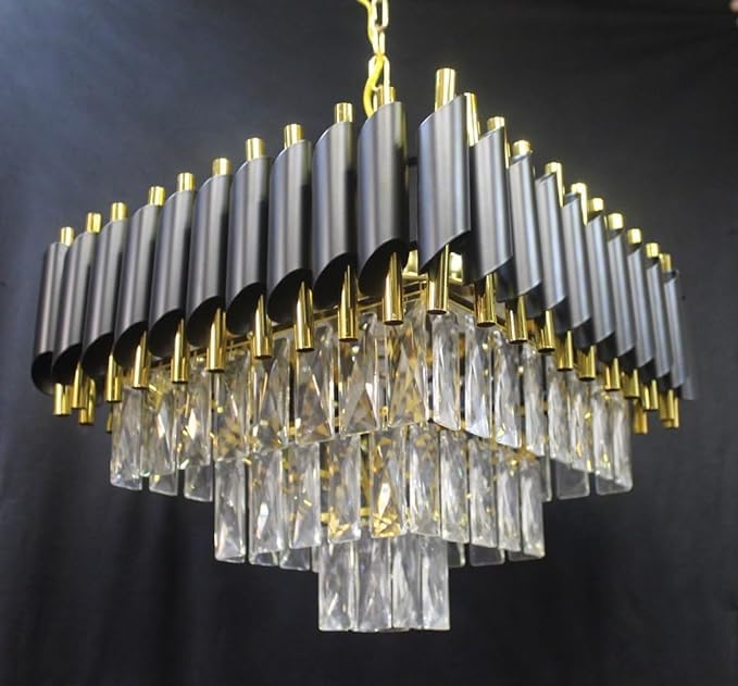 BASLASH Modern Crystal Square black-Gold_500mm Chandelier Pendant Ceiling Light Fixture Flush Mount Chandelier for Dining Room Living Room Bedroom Foyer Hallway Entryway
