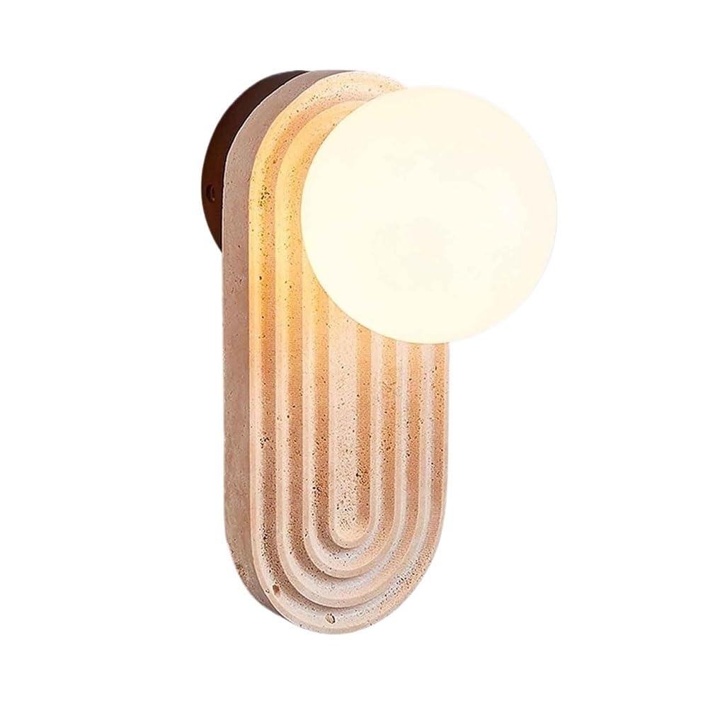 FEITENGDA Japanese Yellow Travertine Art Wall Sconce Modern Globe Milk White Shade Glass Lamp Indoor Minimalist Decor Wall Light Fixture with Wood Base for Hallway Living Room