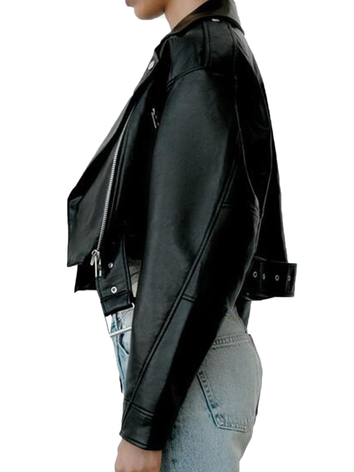 LY VAREY LIN Damen-Kurzjacke aus Kunstleder mit Reverskragen, Reißverschluss, Gürtel, Biker-Design