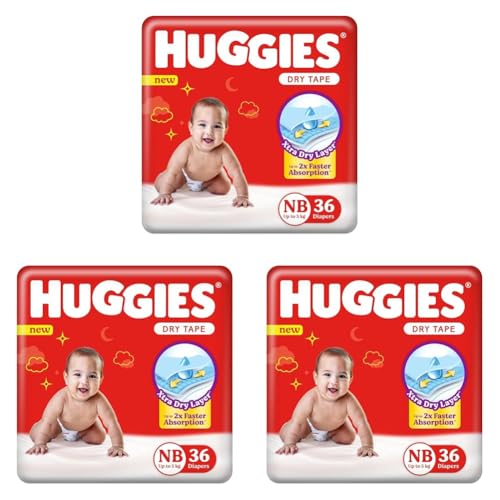 Image of Huggies Dry Tape | Adjustable Tape Style Diapers, Newborn (NB) Size (0-5 Kgs), 36 Count | Up To 2X Faster Absorption, Up To 12 Hours Overnight Absorption (Pack of 3)