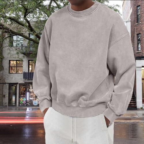 Mokaloha Men's Distressed Washed Cotton Round Neck Long-Sleeved Sweatshirt, Basic Retro Casual Sweatshirt Crewneck4