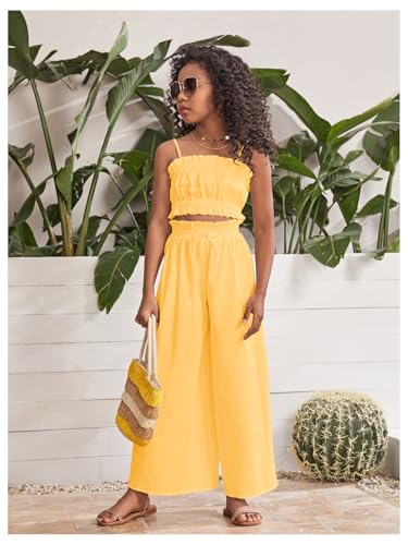 Image of Floerns Girl's 2 Piece Set Ruffle Trim Cami Tops with Paperbag Waist Wide Leg Pants