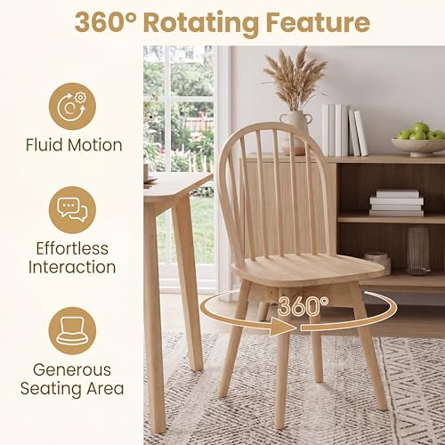 Image of COSTWAY Swivel Windsor Dining Chairs Set of 4 with Spindle Back, Natural | Solid Rubber Wood, Armless Kitchen Chair with Tilt Back, Mid-Century Modern Side Chairs for Dining Room, Kitchen, Restaurant