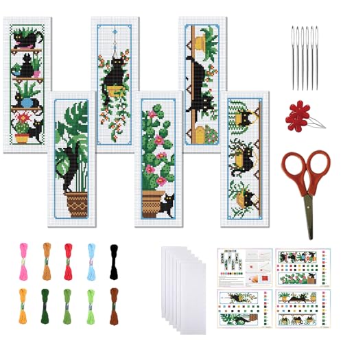 Image of FREEBLOSS 6 Set Cross Stitch Bookmark Kits Cat and Potted Plants Stamped Cross Stitch Kit for Beginners, Printed Embroidery Bookmarks Kit with Instructions for Adults, 8''x2.4''