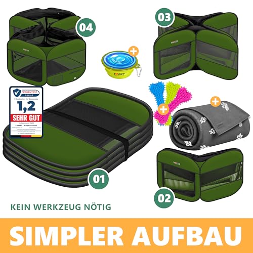 Lovpet® Welpenlaufstall Tierlaufstall Faltbar für Kleintiere Hunde, Katzen Inkl. Hundenapf und Fleece Decke Hundelaufstall Freigehege Oxfordgewebe Pop-up System Indoor & Outdoor, Khaki