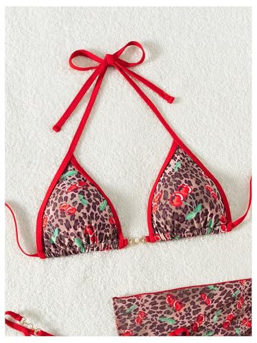 SOLY HUX Women's 3 Piece Swimsuit Leopard Cherry Print Halter Bikini Set Bathing Suit with Sarong Wraps Cover Up3