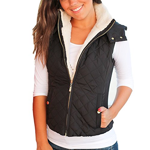 Idgreatim Women Black Hooded Vest Winter Sleeveless Packable Fleece Jackets Coat