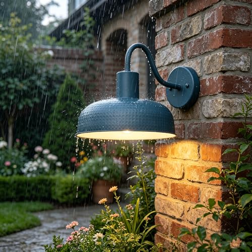 Image of Darkaway Solar Barn Light, Industrial Outdoor Wall Light Dusk to Dawn Wall Sconce Gooseneck Exterior Wall Mount Lighting Fixture with Hammered Dome Metal Shade for House Garage Porch Entry Shed