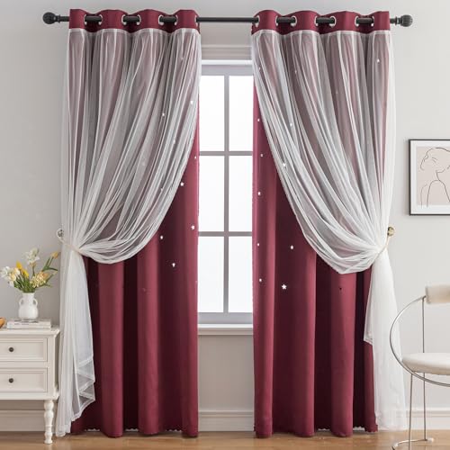 Image of indistar Star Cutout Kids Window Blackout Curtains for Girl Bedroom Window Room Darkening Curtains & Drapes Baby Nursery Curtains (2 Panel,52Wx63L inch,Wine Red)