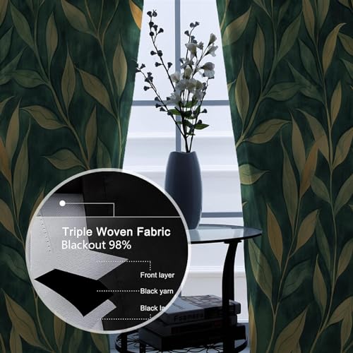 Green Botanical Pattern Blackout Curtains Autumn Branches Leaves Printed Short Curtain Morris Style Thermal Insulated Drapes 2 Panel 60x54in - Image 5
