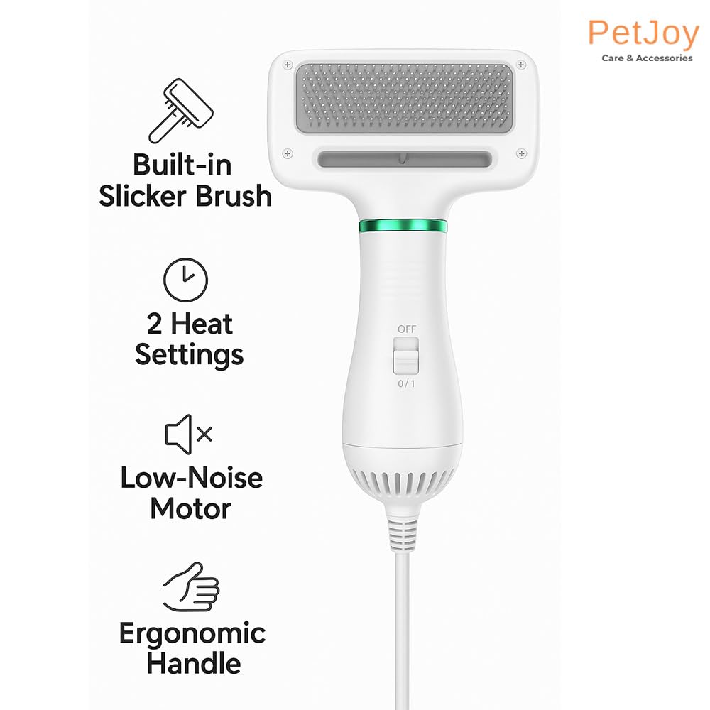 PetJoy 2 in 1 Pet Hair Dryer with Slicker Brush | Pet Grooming Dryer & Brush for Dogs & Cats | Low Noise, Heat Adjustable | White Multicolor | ast Drying & De-Shedding Tool 3